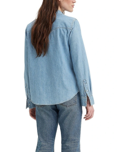Camisa de mezclilla azul claro para mujer, manga larga, con botones, estilo casual, corte holgado, cuello vuelto, diseño con bolsillos, tops de estilo urbano - Product Image 4