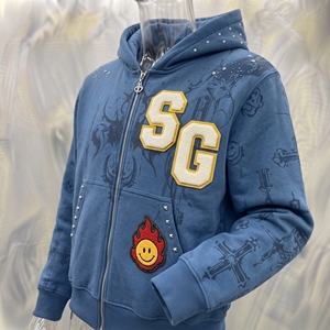 เสื้อฮู้ดซิปสีน้ำเงินสำหรับผู้ชาย ผ้าฝ้ายเฟรนช์เทอร์รี่ โลโก้ SG กระเป๋าปักเพชร สวมใส่สบายๆ สำหรับฤดูใบไม้ร่วง - Product Image 3