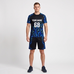 Camiseta de Fútbol Personalizada Negra y Azul con Nombre y Número Personalizados y Pantalones Cortos a Juego - Product Image 1
