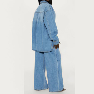 Women Plus Size Denim Tracksuit Set Full Sleeve Button Up Top Wide Leg <b>Pants</b> Casual Solid Color Loose Fit Spring Outfit - Product Image 2