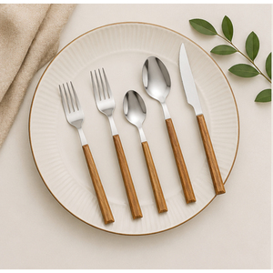Ensemble de couverts en acier inoxydable avec manche en bois naturel, finition miroir, ensemble de couverts de luxe pour hôtel, restaurant et repas à domicile - Product Image 6