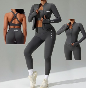 High Waist Yoga Set Women 2 Piece Full Length Leggings Crop <b>Top</b> Seamless Spandex Polyester Activewear Custom Logo - Product Image 1