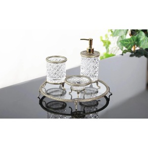 Luxury Crystal <b>Bathroom</b> Set Three-Piece Round Soap Dish Toothbrush Holder Soap Dispenser Gold Trim Easy To Clean - Product Image 4