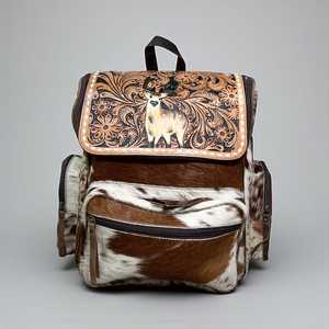 Wholesale Western Cowhide <b>Leather</b> <b>Backpack</b> with Handcrafted Tooled <b>Leather</b> Flap & Deer Design - Product Image 1