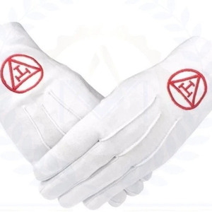 Gants en coton blancs maçonniques avec broderie logo rouge pour usage sportif, longueur poignet, style uni durable, printemps automne - Product Image 1