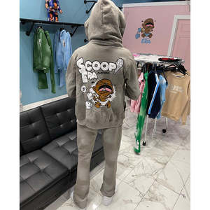 Ensemble sweat à capuche et pantalon évasé respirant pour homme avec fermeture éclair, en molleton 100% coton, délavage vintage effet soleil, broderie logo - Product Image 2