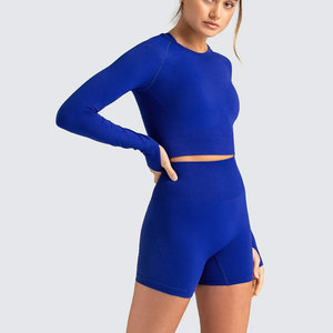 Blue 2 Piece Yoga Set Racerback Square Neck Long Sleeve Crop <b>Top</b> High Waist Shorts Solid Color Seamless Four-Way Stretch Spandex - Product Image 1