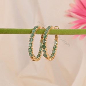Natural Emerald <b>Hoop</b> <b>Earrings</b> 925 Sterling <b>Silver</b> & 14K <b>Solid</b> Gold Fine Jewelry OEM ODM Wholesale Supplier - Product Image 2
