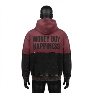 <b>Mens</b> <b>Burgundy</b> Black Color Block Acid Wash Distressed Pullover <b>Hoodie</b> Graphic Prints Kangaroo Pocket Streetwear Wholesale - Product Image 2
