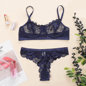 Sexy Women's Floral Lace Breathable Full <b>Cup</b> Underwire Push-Up <b>Bra</b> and Bikini Panty Set Lightweight Sheer Sleepwear - Product Image 3