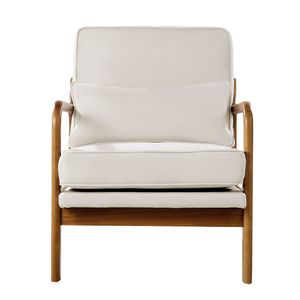 Poltrona Moderna Stile Mid-Century con Struttura in Legno Massello e Gambe Antiscivolo - Sedia Decorativa Rivestita in Tessuto di Lino - Product Image 1