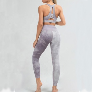 Ensemble de yoga GAF 2 pièces grande taille écologique respirant à carreaux avec effet froncé aux fesses, longueur intégrale, en Spandex/Polyester côtelé sans couture - Product Image 6