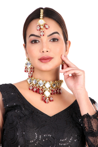 Indian Classic Choker Set Traditional Zircon Gold Plated Crystal Kundan Faux Pearl Wedding Party Necklace Earrings Alloy High - Product Image 2