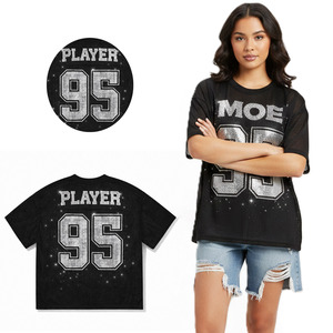 Top de malla con pedrería para mujer, estilo urbano, personalizado con nombre y número 95, camiseta de fútbol americano, estilo equipo con brillo, talla grande, OEM - Product Image 1