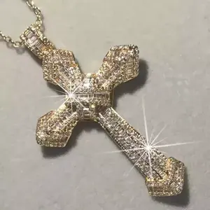 Women's 3Ct Round Cut Real Moissanite <b>Cross</b> Charm <b>Pendant</b> Sterling <b>Silver</b> 14K Yellow Gold Plated - Product Image 5