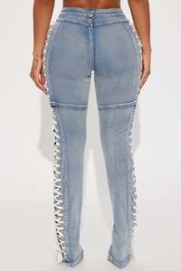 Lace Wide Leg Breathable Casual Women Mid Waist Baggy Denim Flared Leg <b>Jeans</b> Patchwork Detail Light Wash - Product Image 4