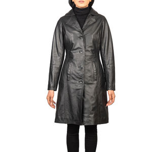 <b>Smart</b> Range Solid Breathable <b>Black</b> Long <b>Coat</b> <b>Womens</b> PU Leather Trench <b>Coat</b> Belt Closure - Product Image 1