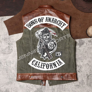 Chaleco de Motociclismo de Diseño Personalizado, Estilo Nuevo, 100% Cuero Vacuno y Tela de Lona, con Parches de SONS OF ANARCHY - Product Image 4