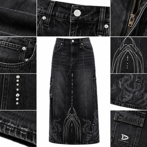 Jupe cargo en jean gothique pour femme, style Y2K, noire délavée, longueur midi, taille haute, poches utilitaires, rivets, streetwear - Product Image 4