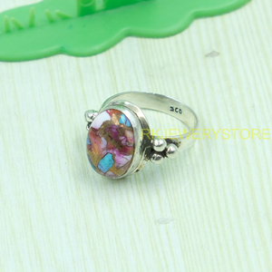 Pink Copper Blue Oyster <b>Turquoise</b> Gemstone <b>Ring</b> 925 Sterling Silver Handmade Boho <b>Ring</b> Oval Cabochon <b>Turquoise</b> Jewelry For Women - Product Image 6