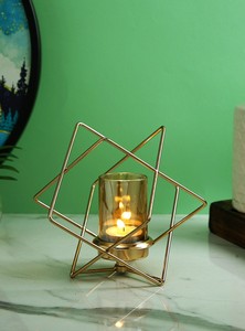 Porte-bougie géométrique en métal doré avec insert en verre, lanterne décorative pour bougie chauffe-plat, décoration intérieure et centre de table - Product Image 6