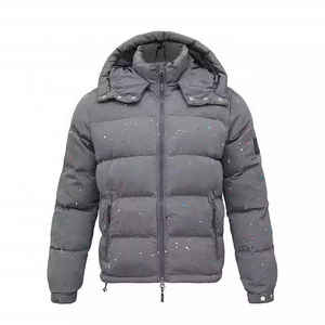 Unisex Gray Puffer <b>Jacket</b> With Hood Stand Collar Zipper Closure Glitter Dot Print Windproof Winter Coat Casual Style - Product Image 1