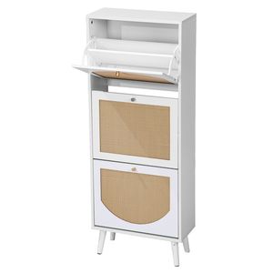 Scarpiera Bianca a 3 Livelli con Fronte in Rattan 54*24*135cm, in Truciolato e MDF, Design Semplice Salvaspazio - Product Image 2