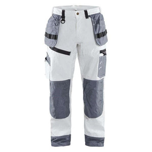 Men's White Industrial <b>Work</b> Trousers with Grey Reinforced <b>Knee</b> <b>Pads</b> and Multiple Pockets for Comfortable Daily <b>Work</b> - Product Image 1