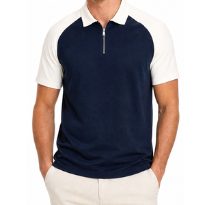 Classic Men's Color Blocked <b>Polo</b> Shirt Short Sleeve Zipper Casual Navy <b>White</b> Regular Fit - Product Image 1