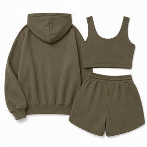 Ensemble de survêtement 3 pièces pour femme, vert olive, avec sweat à capuche zippé, crop top et short, logo personnalisé, vêtements de sport décontractés, streetwear, vente en gros, usine OEM - Product Image 4