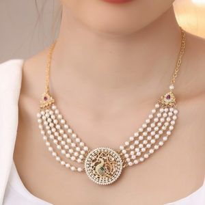 14K Gold Plated Five Layer Pearl Peacock Choker Necklace - Product Image 3