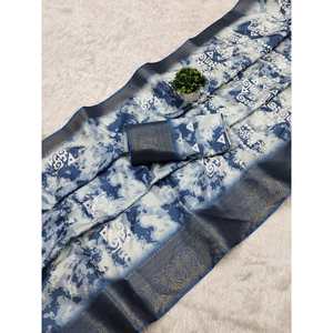 ผ้าพิมพ์ลายดิจิตัล dola Silk กับ kanjivaram border งาน Saree กับ unstitched boluse BLUE - Product Image 1
