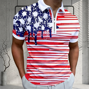 Polo de Manga Corta para Hombre, Rojo, Blanco y Azul, Estampado Digital, con Cierre, Informal, Transpirable, de Punto - Product Image 6