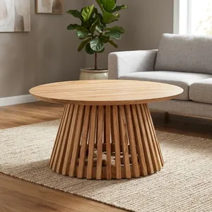 Table basse ronde moderne en bois massif à lattes, quatre places, pour salon, ferme, hôtel, intérieur de maison - Product Image 4