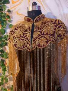 Luxury Gold Hand Embroidered Beaded Fringe Cape Blouse Designer Sequin Tassel Shoulder Collar <b>Top</b> for Wedding & Stage Wear - Product Image 2