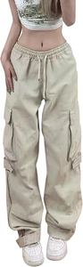 Pantalones Jogger Cargo de Algodón Beige para Mujer, Cintura Media con Cordón, Ajuste Holgado, Largos, Color Sólido, Casuales, Transpirables, de Lona, para Primavera - Product Image 2