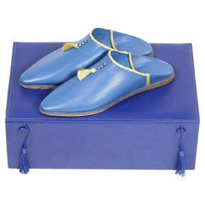 Biyadina Khemissa pour femme, style babouches marocaines, en daim, avec doublure en cuir véritable, semelle intercalaire en caoutchouc, couleur bleu marine et jaune, pointure 5, pour la maison - Product Image 2
