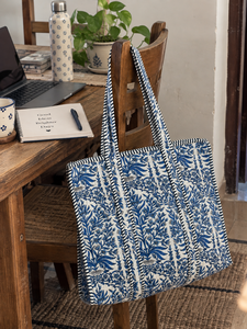 Boho Handmade Quilted Striped Fashion <b>Tote</b> Bag Cotton Blue Large Shoulder Shopping Bag Reusable <b>Travel</b> Beach Carryall - Product Image 3