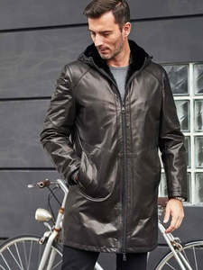 Men's Long PU Leather Jacket With <b>Faux</b> <b>Fur</b> Lining Hooded Zipper Closure Windproof Winter <b>Coat</b> Casual Style - Product Image 4