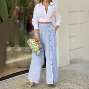 Women's Casual Eco-Friendly <b>Linen</b>/Cotton <b>Two</b>-<b>Piece</b> Set V-Neck Short Crop Top & Full-Length Loose Wide Leg Pants - Product Image 3