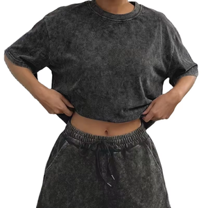 Washed 2pcs Set Women's Regular Short-Sleeve Top Elastic Waist Drawstring Shorts Vintage Street Style Casual Loungewear Summer - Product Image 1