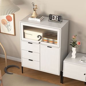 Credenza in Legno 85 cm x 40 cm con 3 Cassetti e 1 Anta in Vetro per Cucina, Sala da Pranzo o Corridoio - Product Image 4