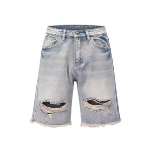 Shorts en jean délavé pour homme, taille mi-haute, bords bruts, effet usé, style décontracté d'été, en tissu de coton tissé respirant - Product Image 4
