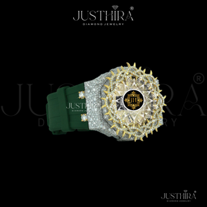 Luxury Gold <b>Case</b> Premium VVS Moissanite Diamond Bezel Analog Quartz <b>Watch</b> With Green Rubber Band Unisex Polygon Design - Product Image 4