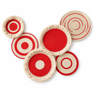 Ensemble de 6 tentures murales rondes modernes en ficelle de lin tissée à la main, motif cercles concentriques rouge et beige, lavables, décoration intérieure pour cuisine - Product Image 1
