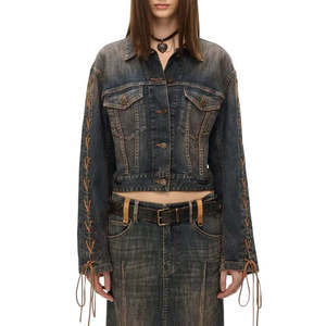 Veste en jean pour femme à manches lacées effet vieilli, vêtement d'extérieur confortable au design unique - Product Image 3