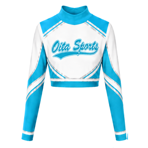Maillot de cheerleading sublimé cyan et blanc à manches longues – Tenue de sport athlétique pour entraînement, performance et compétition - Product Image 1