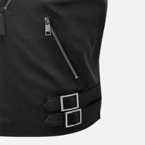 Chaleco de cuero genuino para hombre, estilo motociclista con capucha, diseño de solapa y cremallera diagonal, sin mangas, de piel de vacuno, servicio OEM, transpirable - Product Image 6