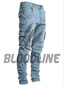 Jean Cargo Slim Fit en Denim pour Homme BLOODLINE, Taille Mi-Haute, Coton Délavé, Style Décontracté Printemps, Poches Imprimées - Product Image 1