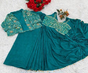 Elegant Teal Silk <b>Saree</b> <b>With</b> Embroidered <b>Jacket</b> Women's Ready To Wear Indian Wedding Party Ethnic Wear Regular Fit 82846 BB-59 - Product Image 4